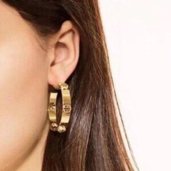 Tory Burch Milgrain Studded Hoop Earrings in Gold - Picture 3 of 5